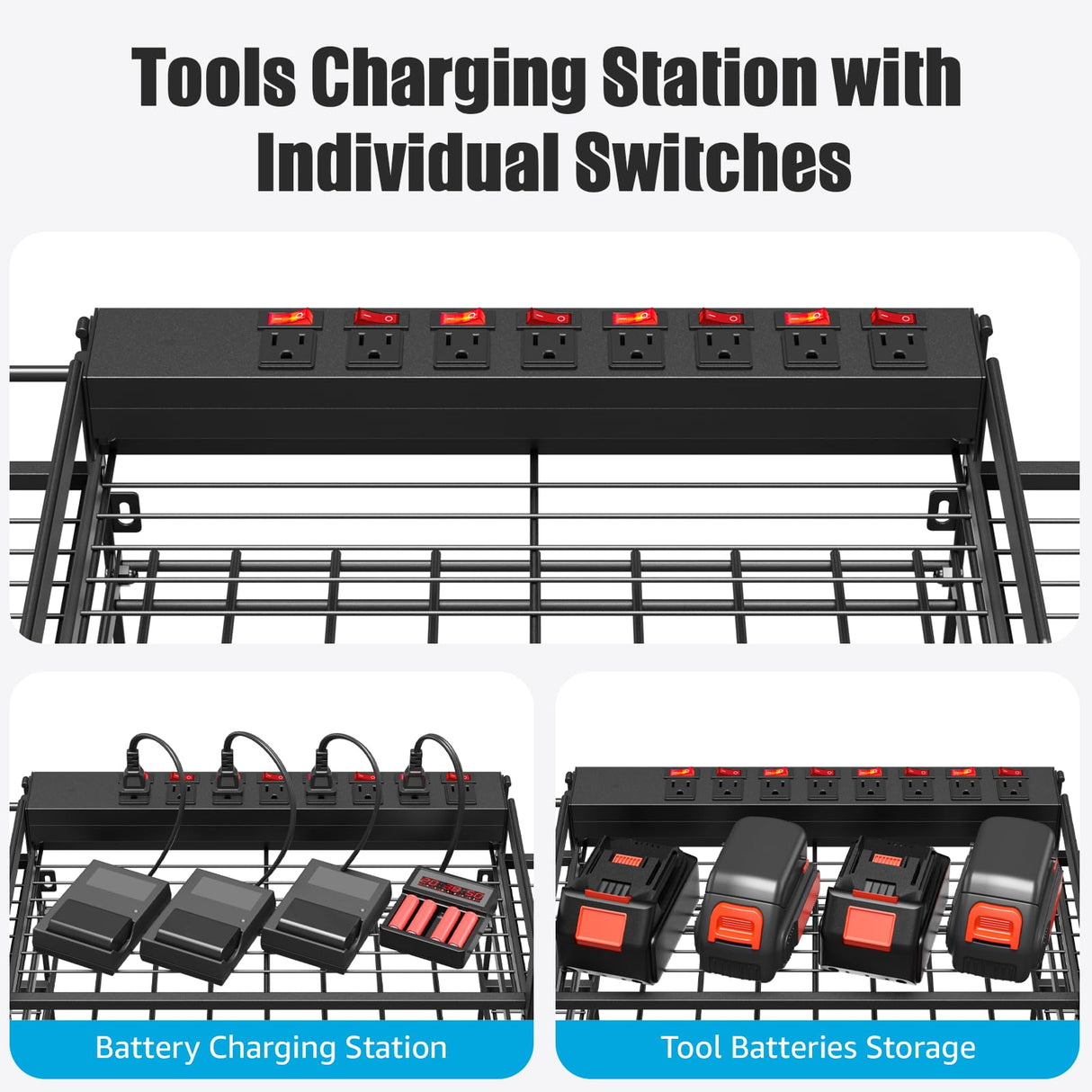 CCCEI Black Power Tools Organizers Wall Mount, Large Tools and Battery Storage Rack Charging Station. 8 Drill Holder, All Metal, Garage Utility Shelves with 6FT Power Strip. Gift for Men. CCCEI