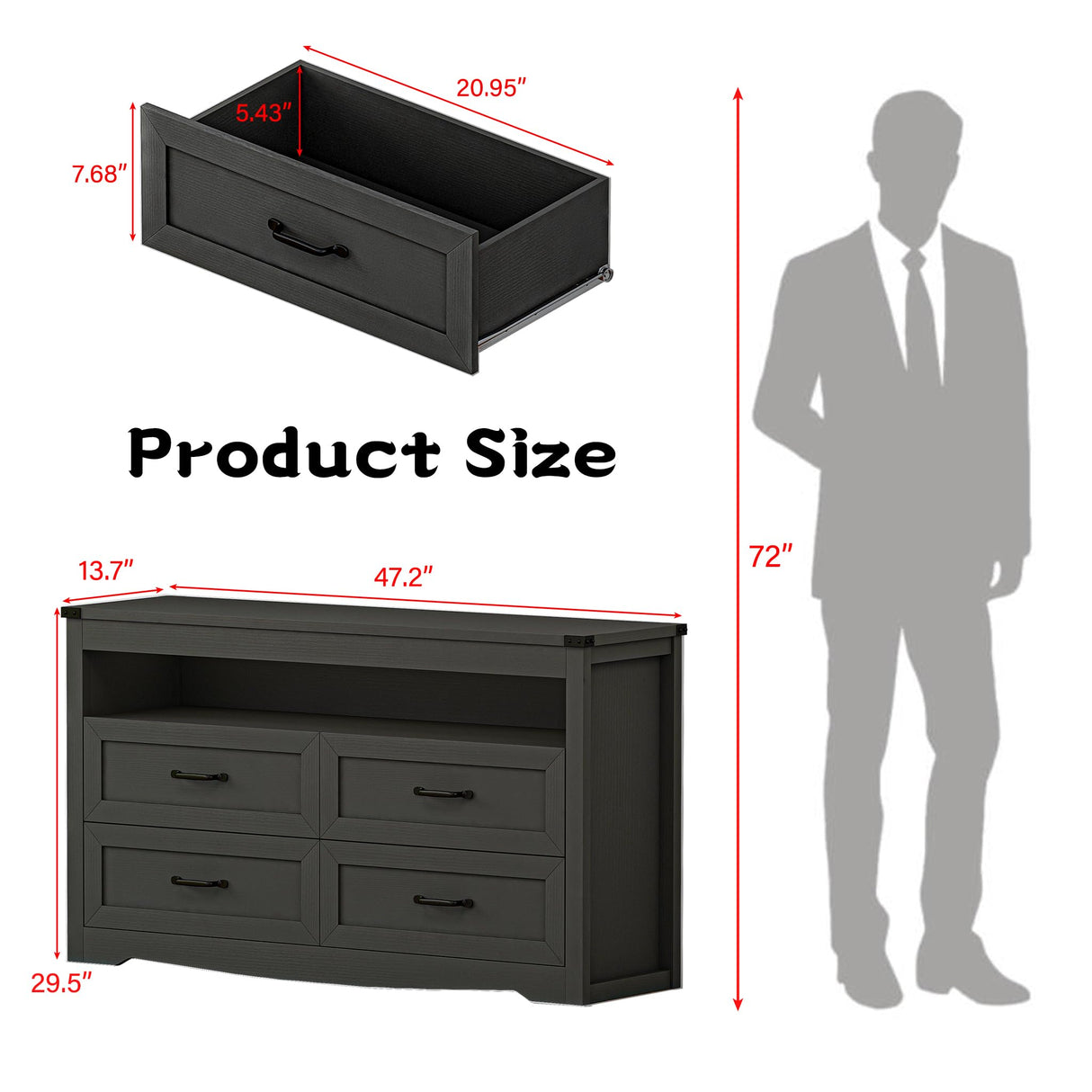 Boonatu Black Dresser for Bedroom with 4 Drawers, Black Dressers & Chests of Drawers Modern Wood Wide Storage Drawers Dressers Organizer with LED Lights for Closet, Hallway Boonatu