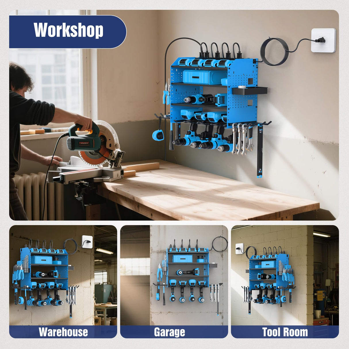 Heavy Duty Power Tool Organizer Wall Mount with Charging Station, 4 Layer Garage Storage Adjustable Shelves Height, Holds 4 Drills, 2 Hooks, Screw & Screwdriver box, Gifts for Fathers Day, Anniversary FURTIME