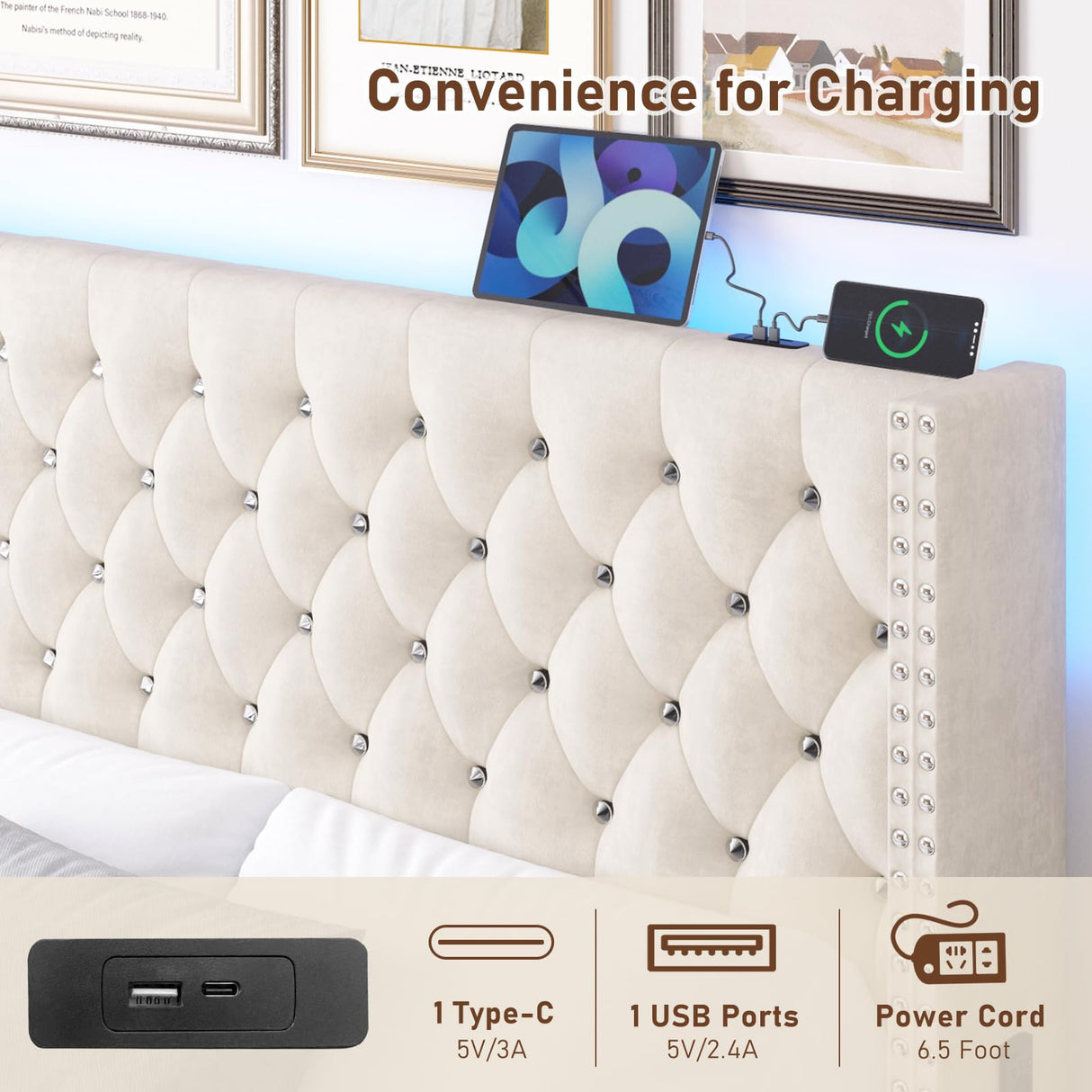 Queen Velvet Upholstered Bed Frame with Wingback Headboard, LED Lights, USB & Type-C Ports, Cream Hlivelood