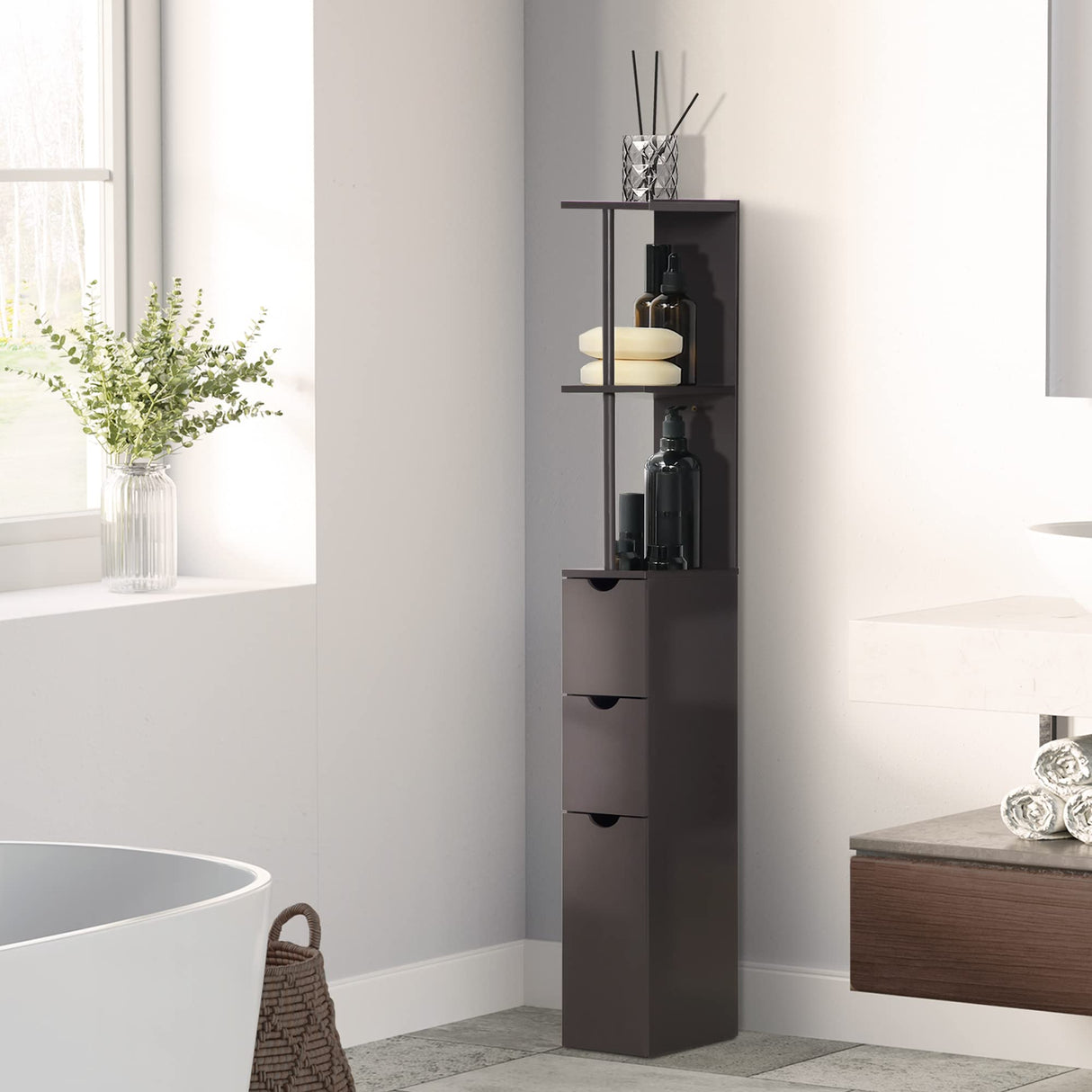 HOMCOM 54" Tall Bathroom Storage Cabinet, Freestanding Linen Tower with 2-Tier Shelf and Drawers, Narrow Side Floor Organizer, Brown HOMCOM