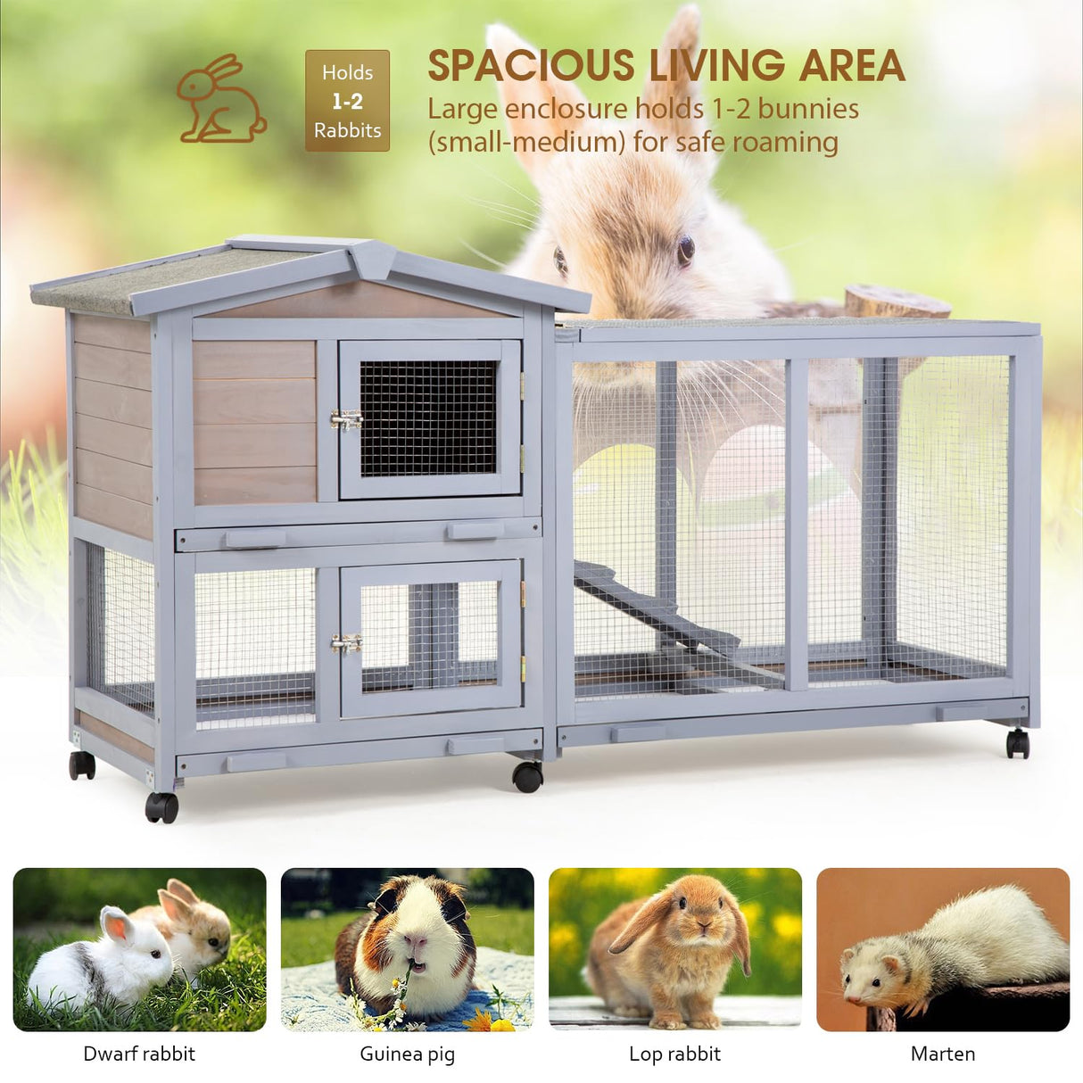 PayLessHere Rabbit Hutch Wooden Rabbit Cage Two Layers Chicken Coop Outdoor Indoor Bunny Cage Guinea Pig Cage Waterproof Roof Bunny Hutch with Casters and Tray PayLessHere
