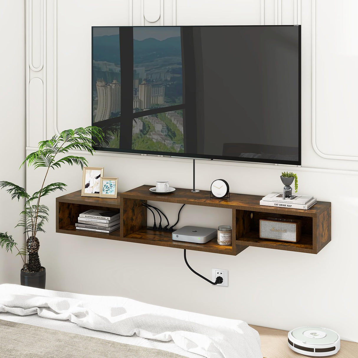 IBUYKE 59" Floating TV Stand Wall Mounted with Power Outlet,Wood Wall Mounted Media Console Shelf,Floating Entertainment Center for Under TV Storage for Living Room Bedroom Office,Rustic Brown WST007H IBUYKE