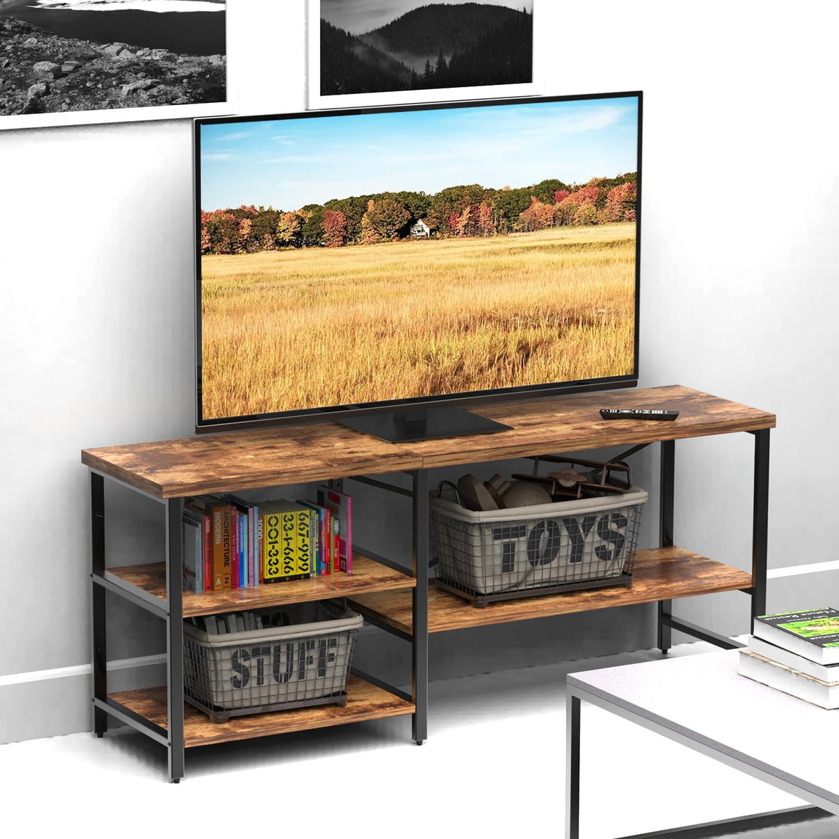 55 Inch TV Stand for TVs up to 70 Inch TV, Modern Entertainment Center with Open Storage Shelves, TV Media Console Table for Living Room, Rustic Brown CJMM