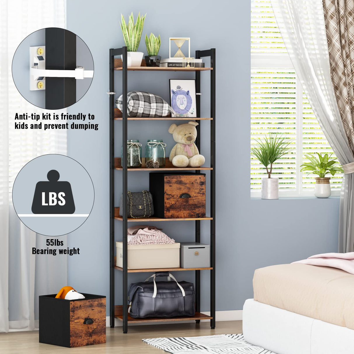 Furologee 6-Tier Bookshelf, Tall 71" Rustic Bookcase with 2 Drawers Storage Organizer, Industrial Display Free Standing Shelf Units, Wood and Metal Storage Rack for Home Office, Bedroom, Rustic Brown Furologee