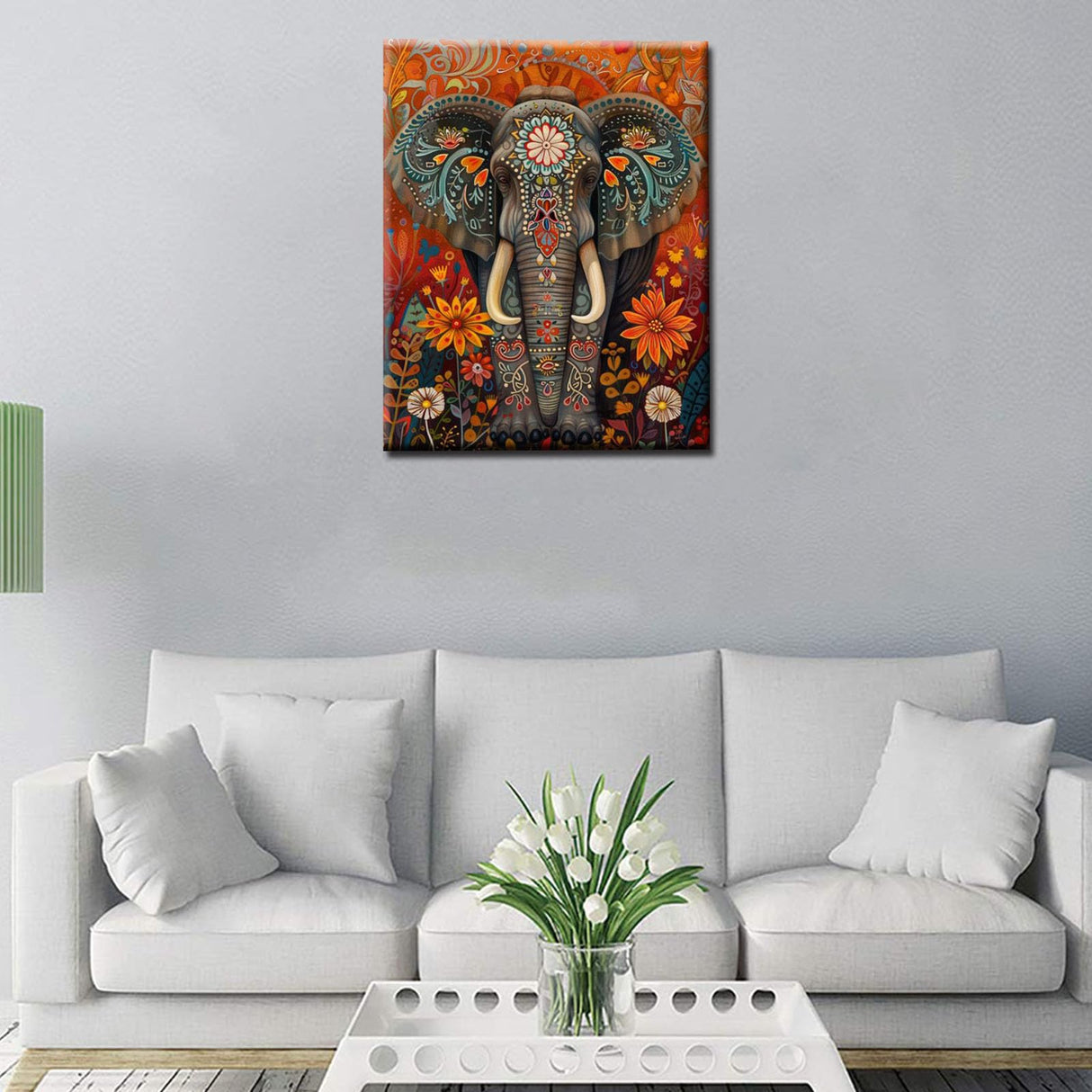 Mysterious Patterns on Elephant Paint by Number Day of the Dead Animal Flowers Painting DIY Painting on Canvas with Brushes Paints Paint by Numbers for Adults and Beginner 16x20 Inch(without Frame) Tucocoo
