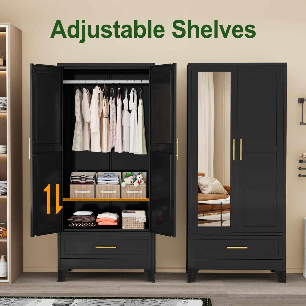 winiowa Metal Armoire Wardrobe Closet with Drawer, 71" Wardrobe Cabinet with Adjustable Shelves and Hanging Rod, Clothing Storage Cabinet Closet with Mirror for Bedroom-Black winiowa