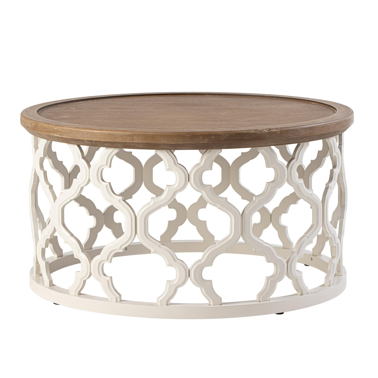 COZAYH Farmhouse Coffee Table, Distressed Tray Top Table with Curved Motif Frame Base for Boho, Rustic, French Country Decor, Round, White COZAYH