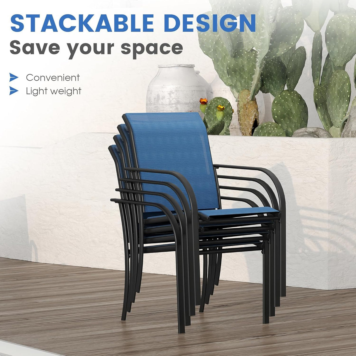 VICLLAX 7 Pieces Patio Dining Set for 6, Outdoor Furniture Set Includes 59" Rectangle Outdoor Table and 6 Stackable Patio Sling Chairs, Black Tabletop and Blue Fabric VICLLAX