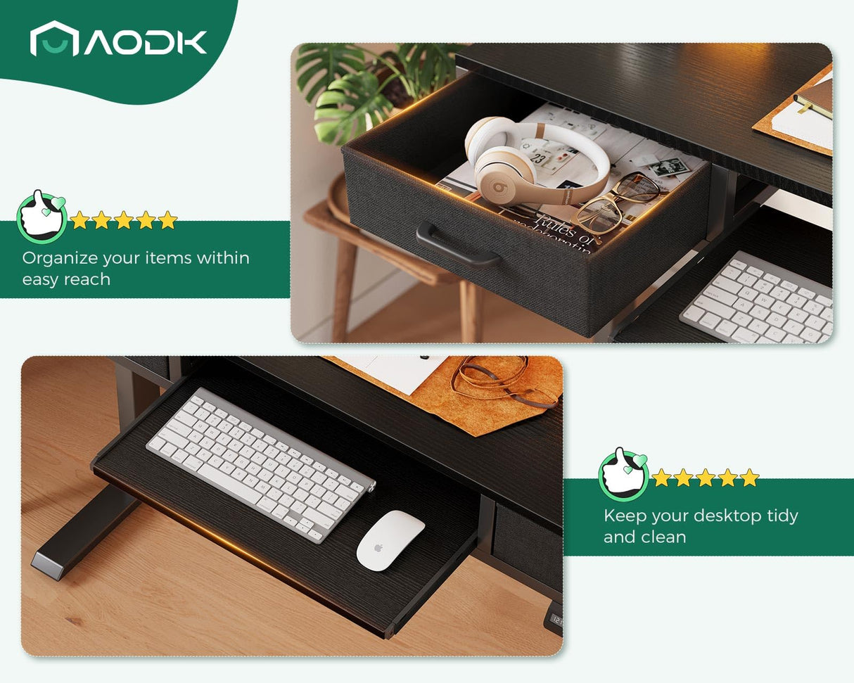 AODK Electric Standing Desk with Drawers & Keyboard Tray, 55 Inch Height Adjustable Desk with Power Outlets & LED Lights, Sit Stand Table with Monitor Stand for Home, Office, Black AODK