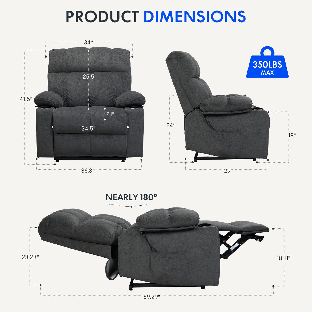 FLEXISPOT XL5 Dual OKIN Motor Power Lift Recliner Chair for Elderly, Lay Flat Electric Recliner with Massage & Heat, USB Ports, Fabric Reclining Sofa for Living Room Bedroom, Grey FLEXISPOT