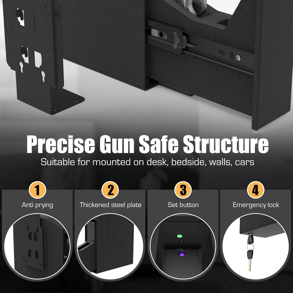 HARDROCK Biometric Slider Gun Safe for Handgun,Hidden Fingerprint Gun Safe Box for Home Nightstand Desk Bedside,Wall Mounted Lock Quickly Access Sliding Door Pistol safes,PIN Code Key HARDROCK