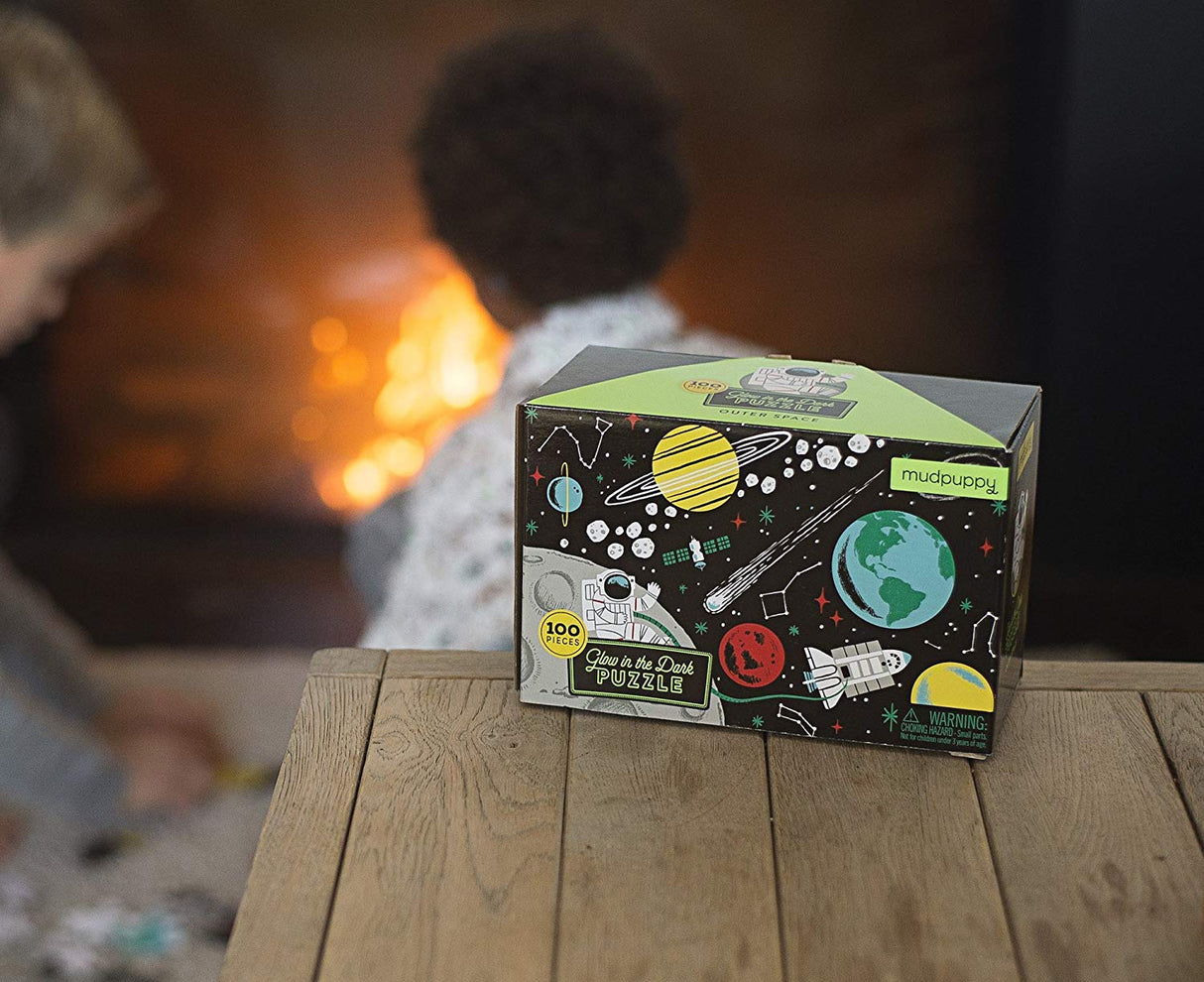 Mudpuppy Outer Space Glow-in-the-Dark Puzzle, 100 Pieces, 18”x12”, Made for Kids Age 5+, Illustrations of Planets, Stars, Spaceships and More, Award-Winning Glow in the Dark Puzzle Mudpuppy