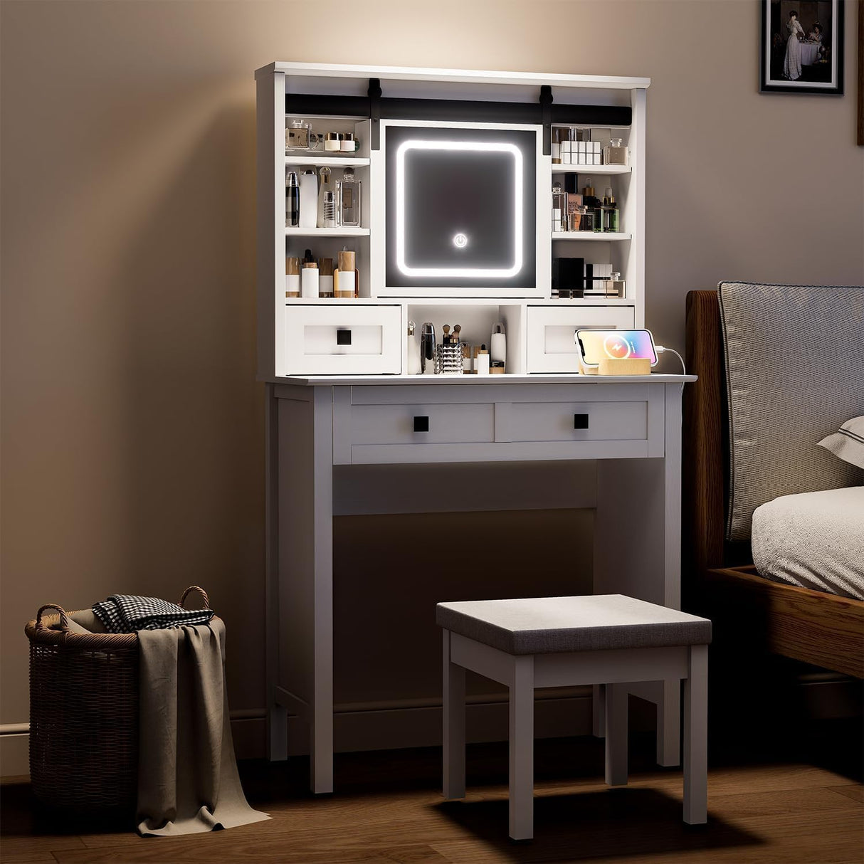 MECHYIN Farmhouse Makeup Vanity Desk with Sliding Mirror, Vanity Set with Stool & Charging Station & 3 Brightness Lights, Ample Storage, Dressing Table for Women Girls Bedroom, White MECHYIN