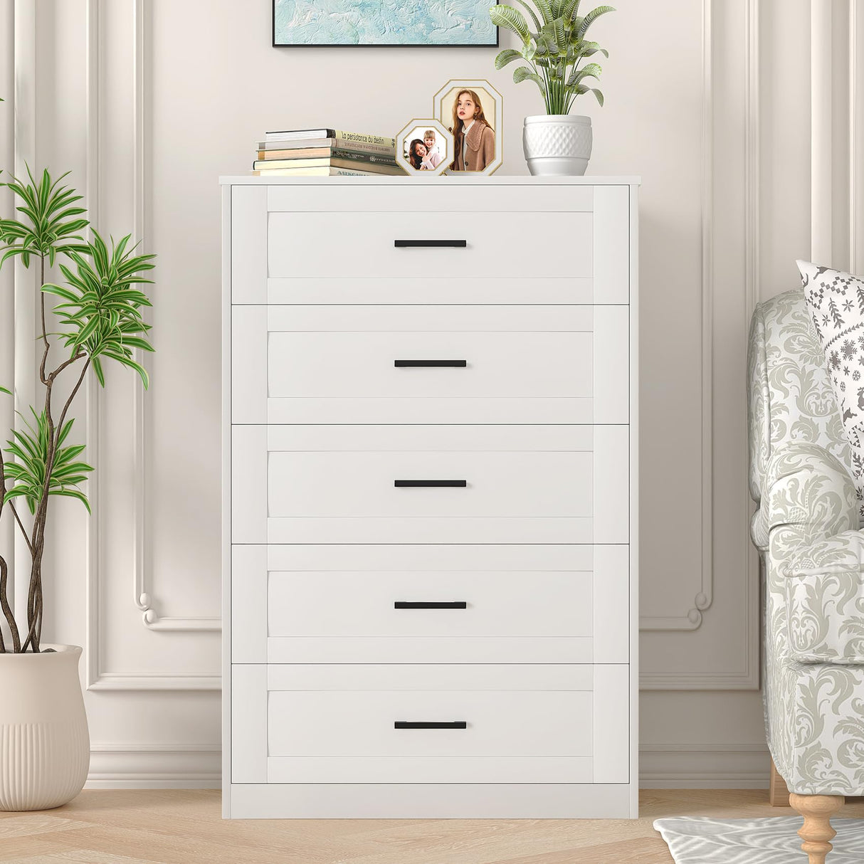 Frmobepts 5 Drawer Dresser for Bedroom, White Dresser with Deep Drawers, Modern Tall Dresser Farmhouse Wooden Dresser Chest of Drawers for Living Room, Hallway, Entryway Frmobepts