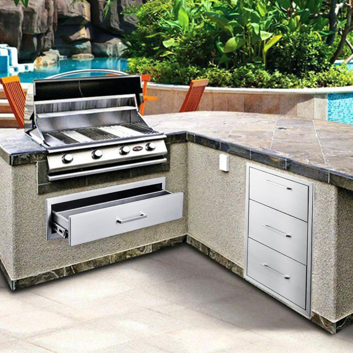 yuxiangBBQ Outdoor Kitchen Drawers Stainless Steel Double Drawer w/Paper Towel Holder Combo Works with Your Grilling or Prep Zones for Outdoor BBQ Island 17W-30H-21D inch yuxiangBBQ