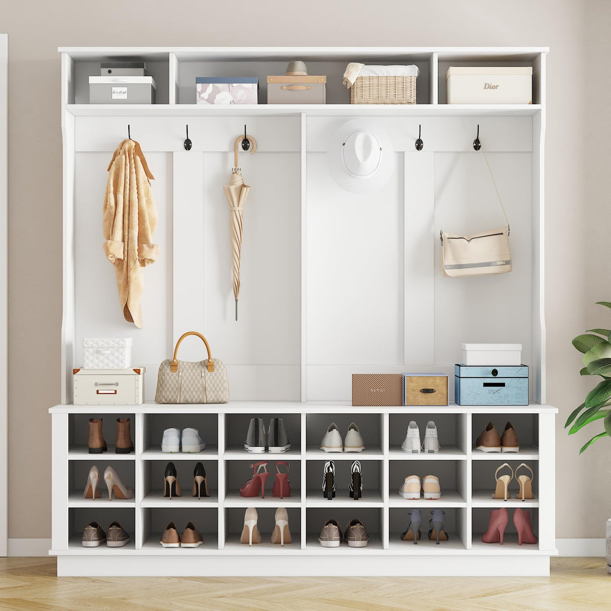 WOODTIME Extra Large Hall Tree with Bench and Shoe Storage, Multi-Purpose Entryway Bench with Coat Rack, Adjustable Shelves, 6 Double Hooks and 21 Open Compartments, White WOODTIME
