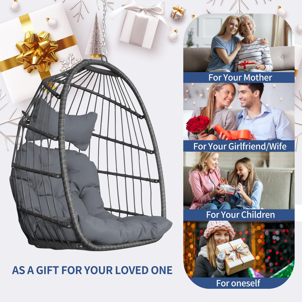 Nicesoul Patio Hanging Egg Chair No Stand, Foldable Ceiling Egg Basket Chairs Without Stand Indoor Outdoor, 350lbs Egg Shell Swing Hammock Chair with Cushion for Backyard, Balcony, Outside, Dark Grey NICESOUL