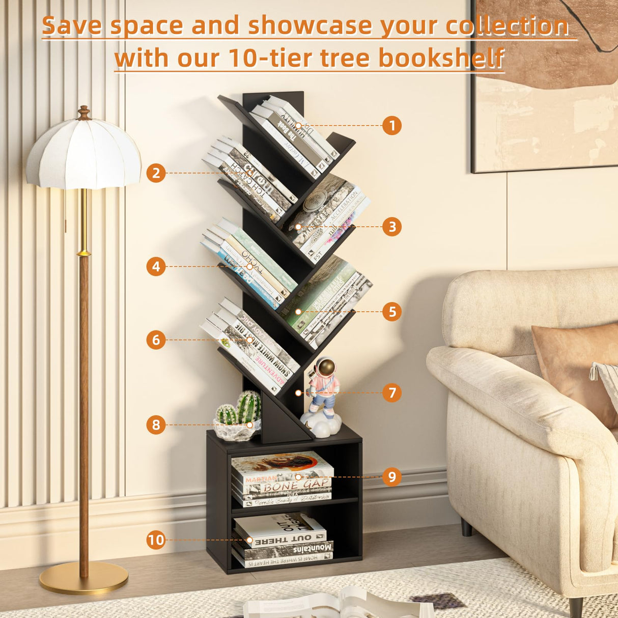 SHEEPAM 10 Tier Tree Bookshelf,Floor Standing Wood Tall Bookcase for Narrow Space, Storage Organizer Bookshelves for Books, Book Case for CDs/Movies/Books,Home Office,Living Room, Bedroom SHEEPAM