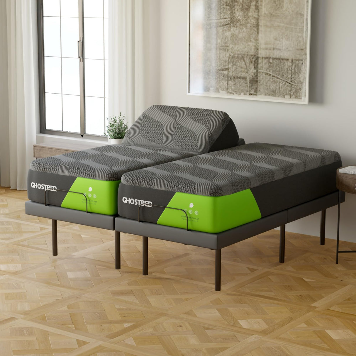 GhostBed Adjustable Bed Frame Split King 14" Cooling Memory Foam Mattress - Adjustable Electric Bed Base with Zero Gravity and Massage – Split King Adjustable Base with Mattress GhostBed