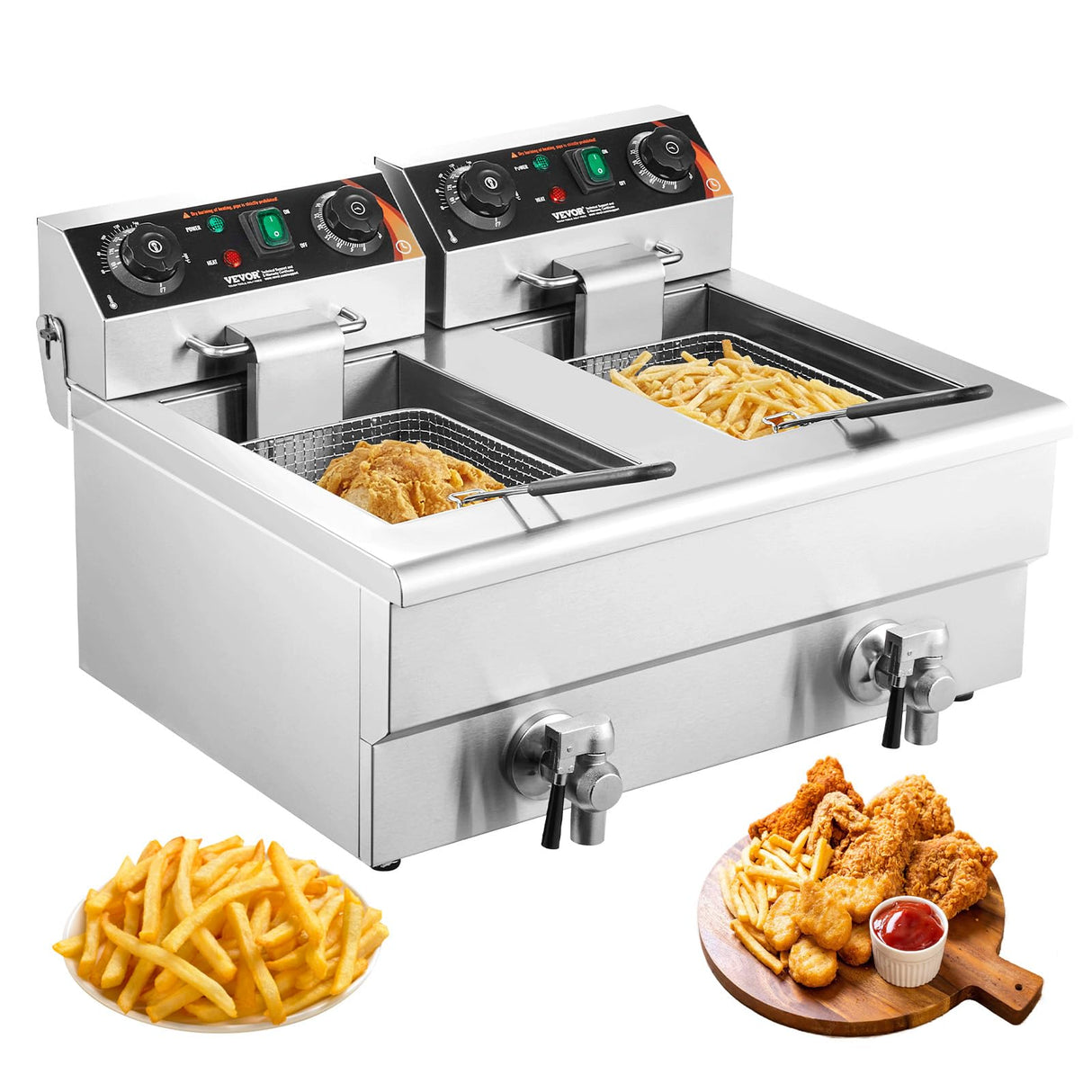 VEVOR Commercial Deep Fryer, Dual Tank 3000W Electric Countertop Fryer with Basket, 2 x 11.6Qt/11L Double Stainless Steel Oil Fryer with Oil Filtration, Time & Temp Control, for Kitchen Restaurant Use VEVOR