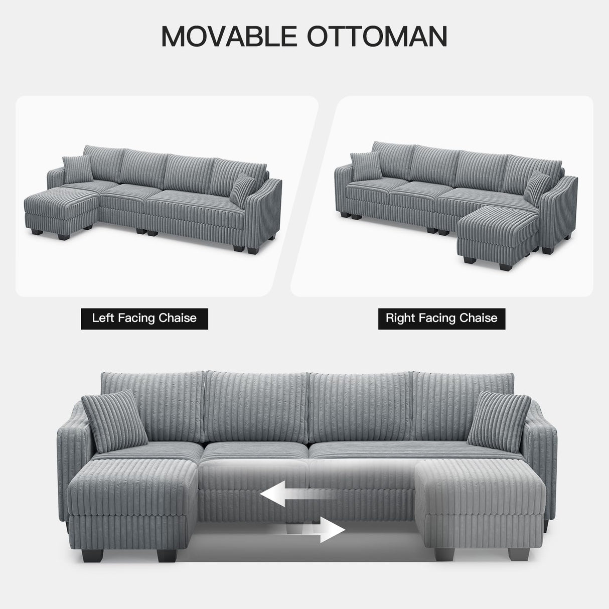 Belffin Sectional Couch with L-Shape Chaise L Shaped Couch with Ottoman Sectional Couches for Living Room Corduroy (Light Grey, L Shaped) Belffin