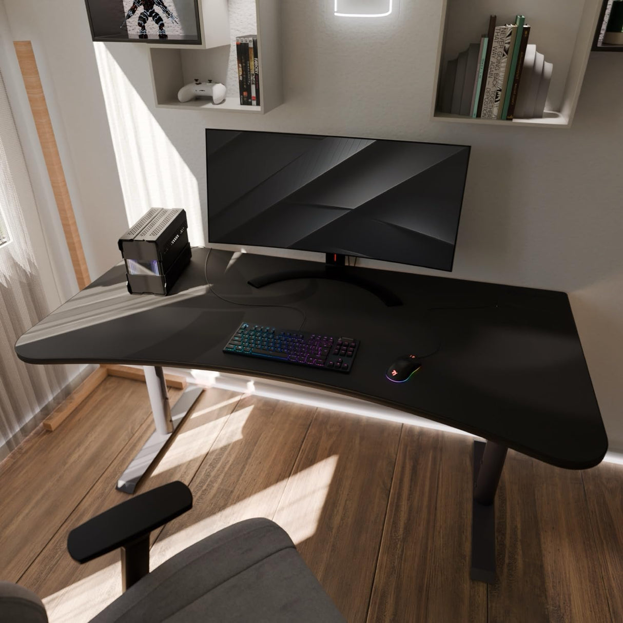 Arozzi Arena Ultrawide Curved Gaming and Office Desk with Full Surface Water Resistant Desk Mat with 3 Custom Monitor Mount Cut Outs and Under The Desk Cable Management Netting - Gunmetal Arozzi