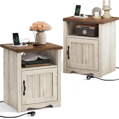 LINSY Farmhouse Night Stand Set of 2, 18.9” Wood End Table with Charging Station, Side Table for Bedroom, Living Room, Couch with USB Ports and Outlets, Nightstand with Storage, Beige