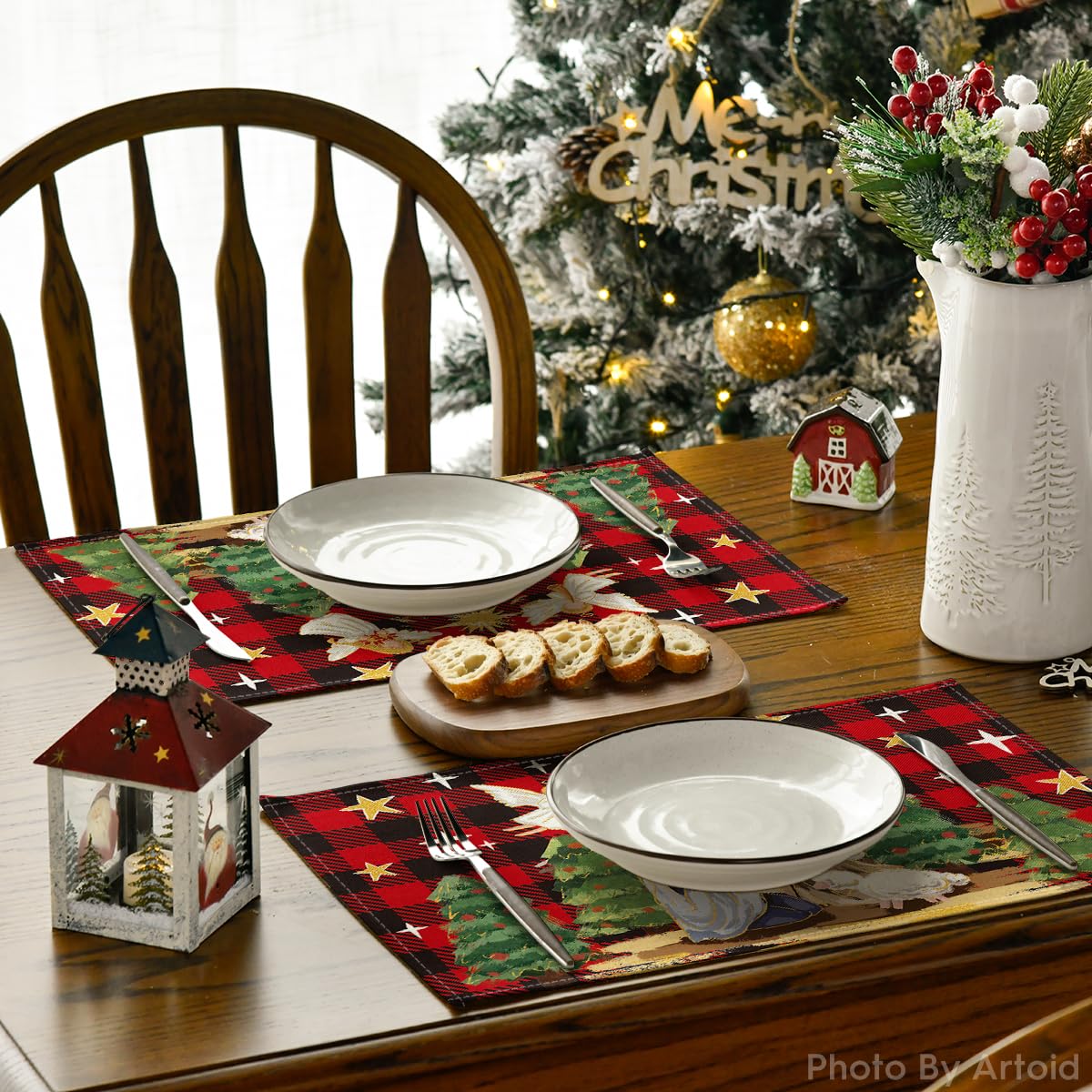 Artoid Mode Buffalo Plaid Kogiya Shepherd Christmas Placemats Set of 4, 12x18 Inch Winter O Holy Night Xmas Table Mats for Party Kitchen Dining Decoration Artoid Mode
