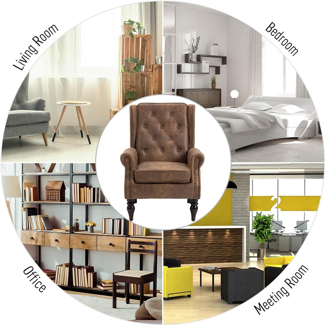 Mid-Century High Wingback Chair, Microfiber Accent Chair Armchair with Buttons,Modern Living Room Chairs with Rivet Decoration,Leisure Single Sofa Chair for Bedroom,Club,Home Reception (Coffee.) Lin-Utrend