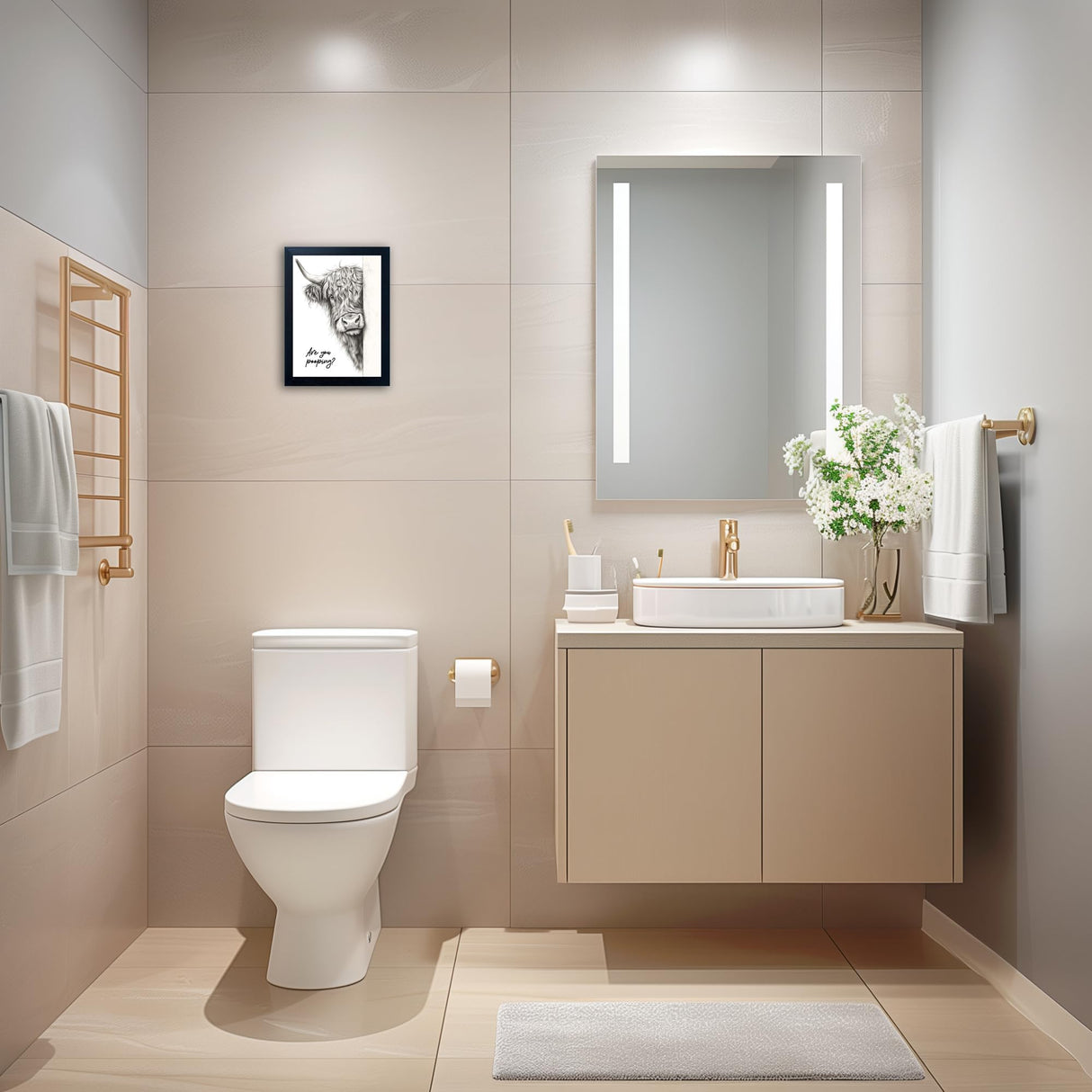 Funny Highland Cow Bathroom Wall Art - Rustic Farmhouse Wall Decor with Humorous Are You Pooping Canvas Print, Cute Animal Canvas Art for Restroom - Black Framed Cow Pictures Wall Decor Ready to Hang 8"x10" Gongyuanyihao Arts