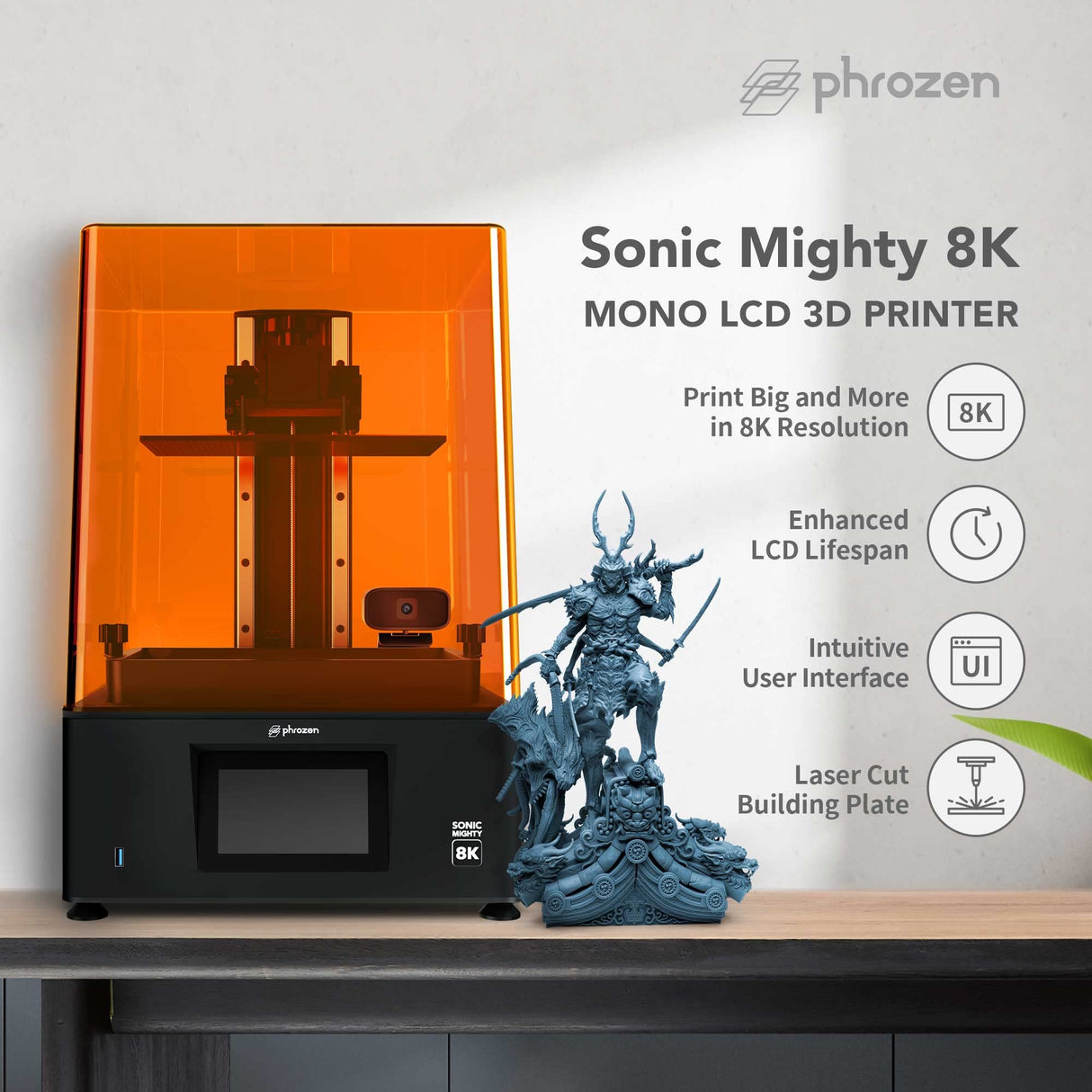 phrozen Sonic Mighty 8K LCD Resin 3D Printer, 10" Monochrome LCD, Tabletop 3D Resin Printer with 28µm XY Resolution, 8.6 * 4.8 * 9.3 Inch Printing Volume for Models, Miniatures and Action Figures phrozen