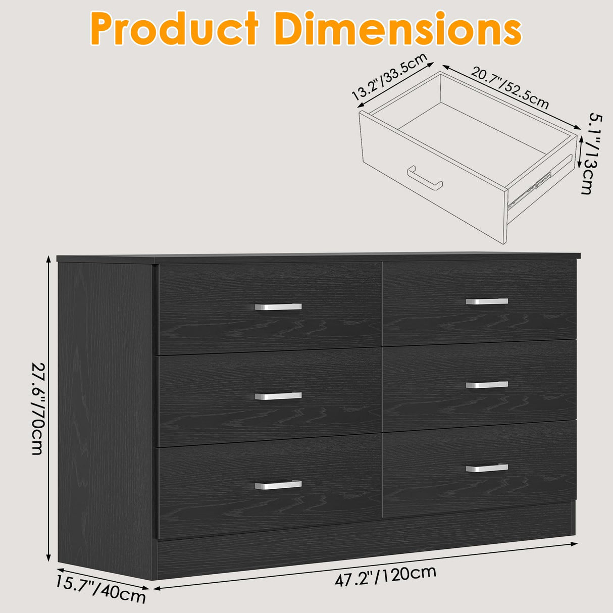 Bigbiglife Wood Dresser for Bedroom, 6 Drawer Double Dresser, Modern Chest of Drawers with Deep Drawers, Large Storage Organizer for Living Room, Closet,15.8" D x 47.2" W x 27.7" H (Black) Bigbiglife