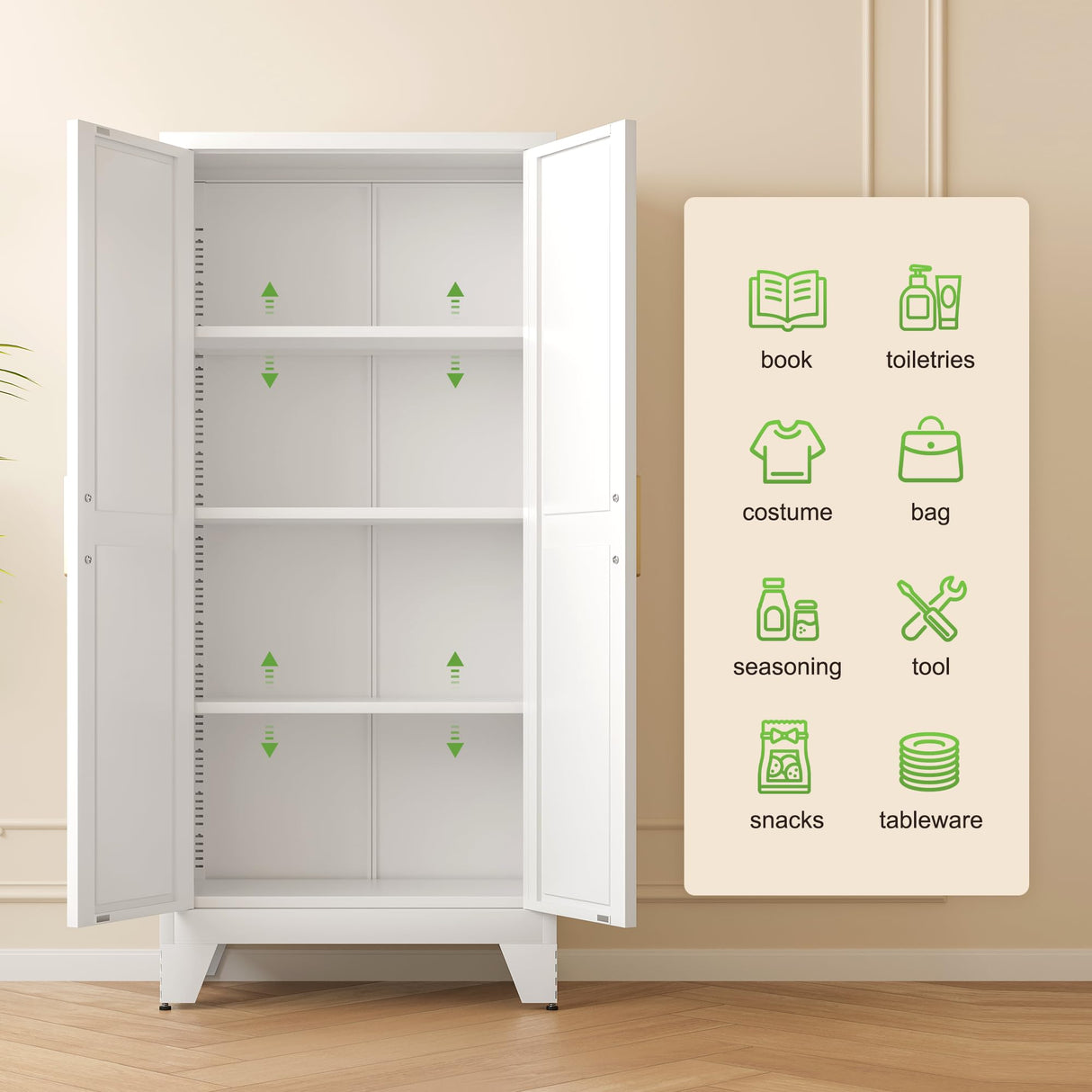 61" Tall Farmhouse Metal Pantry Cabinet, Kitchen Pantry Storage Cabinets with 2 Barn Door and Adjustable Shelves,Metal Pantry Storage Cabinet,for Kitchen,Laundry Room,Home Office,Kids Room (White) Washsemba