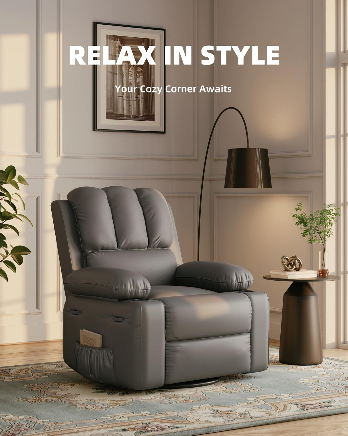 GarveeHome Recliner Chairs, Classic Manual Leather Recliner, Home Theater Seating with Lumbar & Arms Support for Living Room, Bedroom and Nursery - Gray GarveeHome