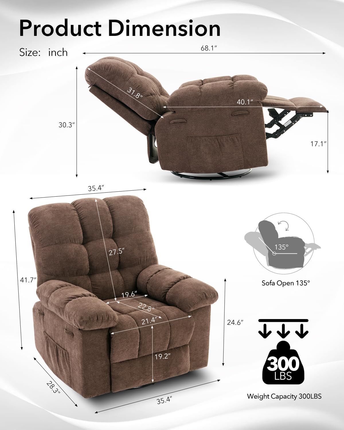 Adult Rocker Swivel Recliner Chair - Soft Fabric Overstuffed Manual Glider, Comfy Nursery Rocking Sofa Chair for Living Room OUTGOODS
