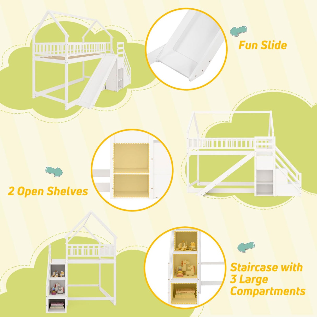 Giantex House Bunk Bed Twin Over Twin with Slide & Stairs, Wood Bunk Bed with Storage Shelves, No Box Spring Needed, Twin Floor Bed for Kids Teens Boys Girls (White) Giantex