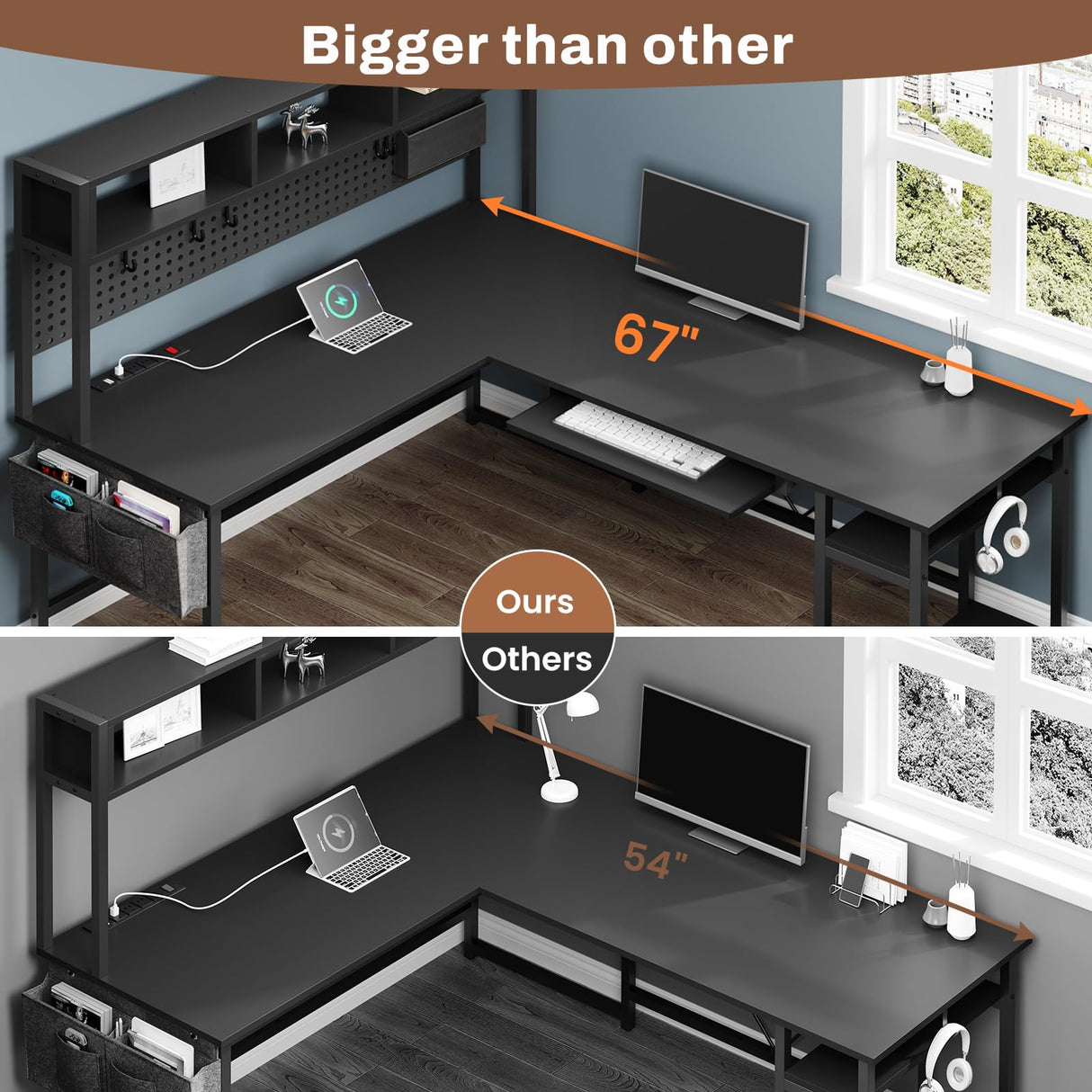 SEDETA L Shaped Gaming Desk, Reversible Computer Desk with Power Outlet and Pegboard, Gaming Desk with Led Lights, Keyboard Tray and Storage Bag for Home Office, Black SEDETA