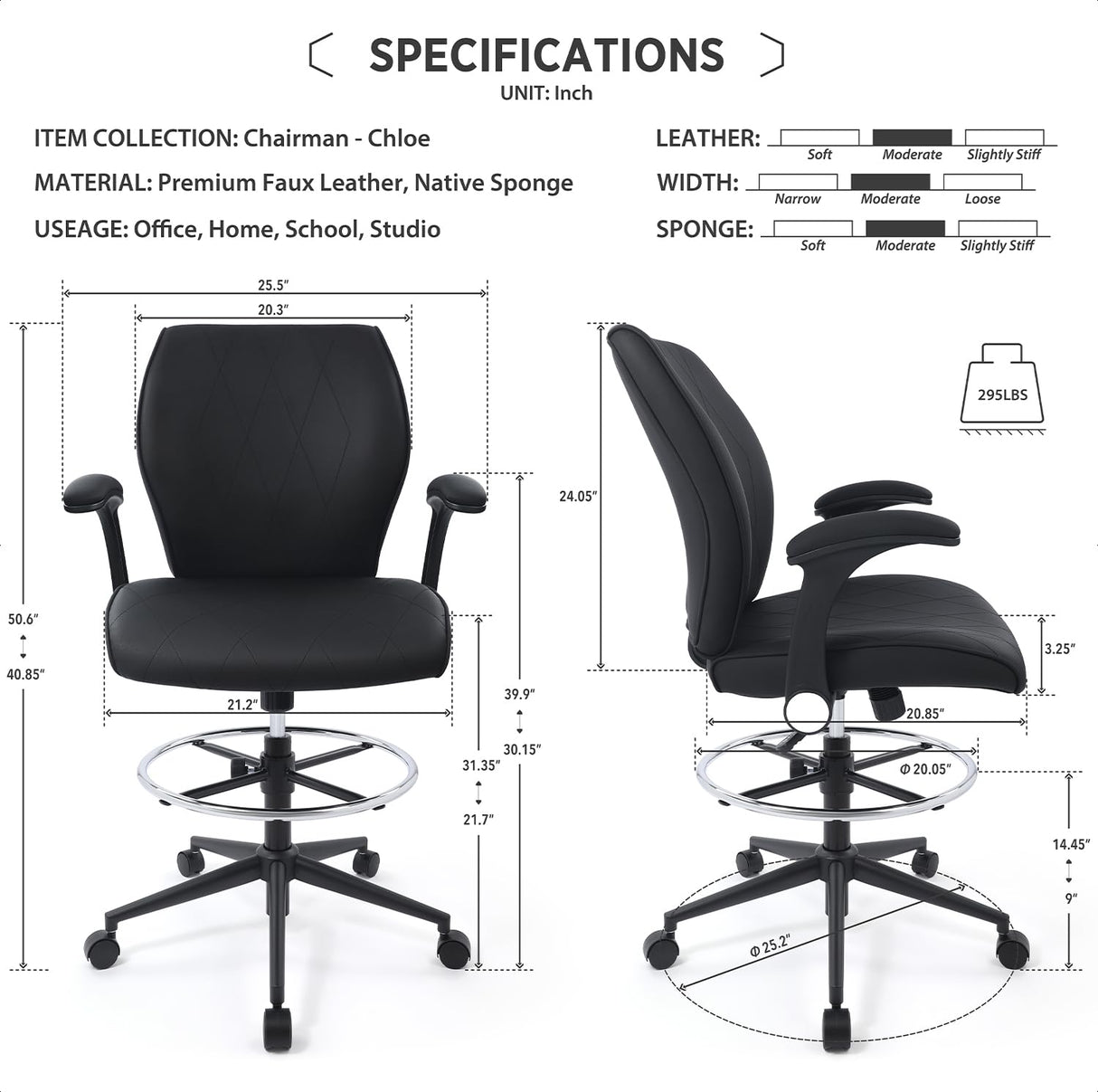 Ergonomic Mid-Back Leather Adjustable Drafting Chair with Flip-up Arms and Foot Ring, Standing-Desk Matched Tall Swivel Computer Office Stool, Black CHAIRMAN