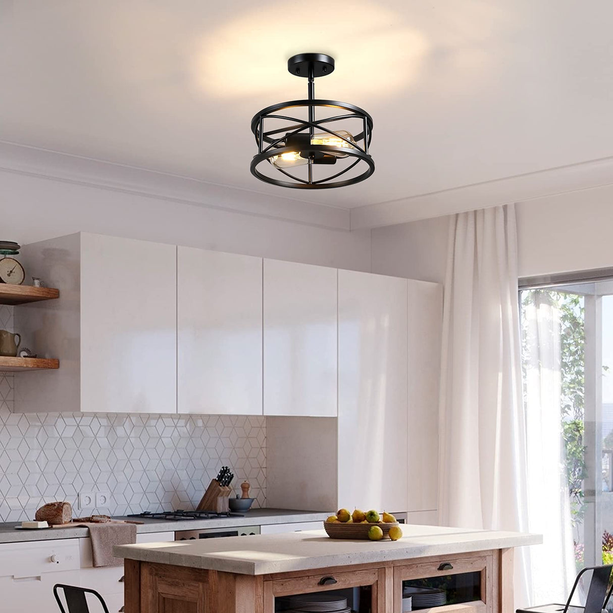Karjearl Farmhouse Semi Flush Mount Ceiling Light, D11.8 Inches Black Industrial Sloped Ceiling Light Fixtures Vintage Metal Cage Ceiling Lamp for Kitchen Hallway Entryway Laundry Room Bedroom Karjearl