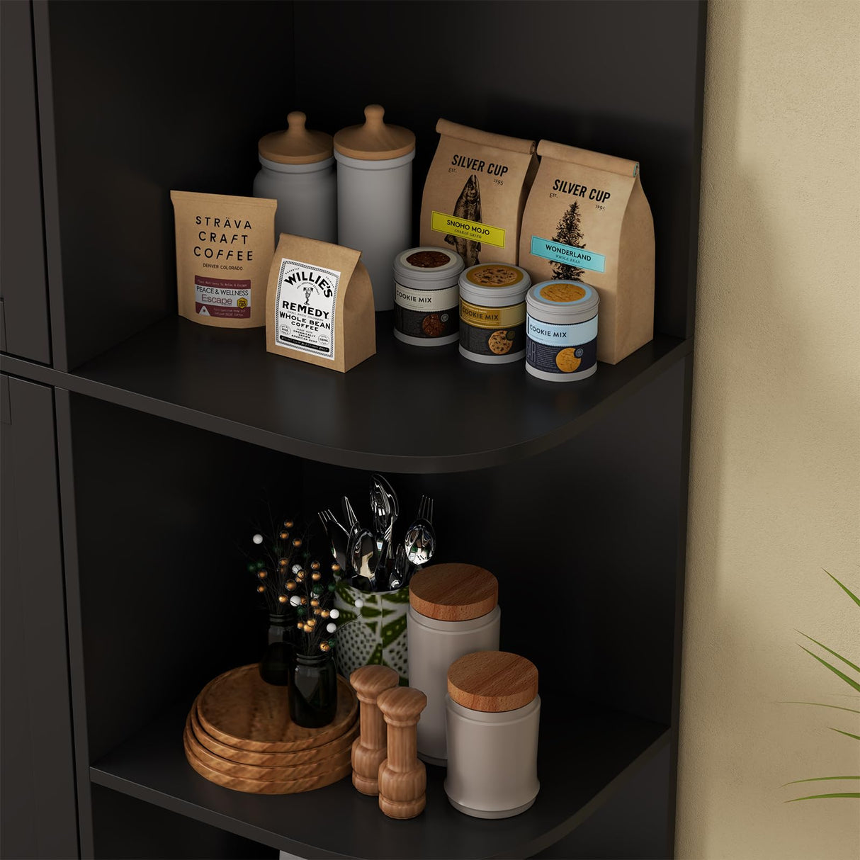 Loomie Kitchen Pantry Storage Cabinet, Food Pantry Cabinet with Doors & Adjustable Shelves, 64" Tall Kitchen Cabinet with 5-Tier External Shelf, Freestanding Cupboard for Kitchen (Black) Loomie