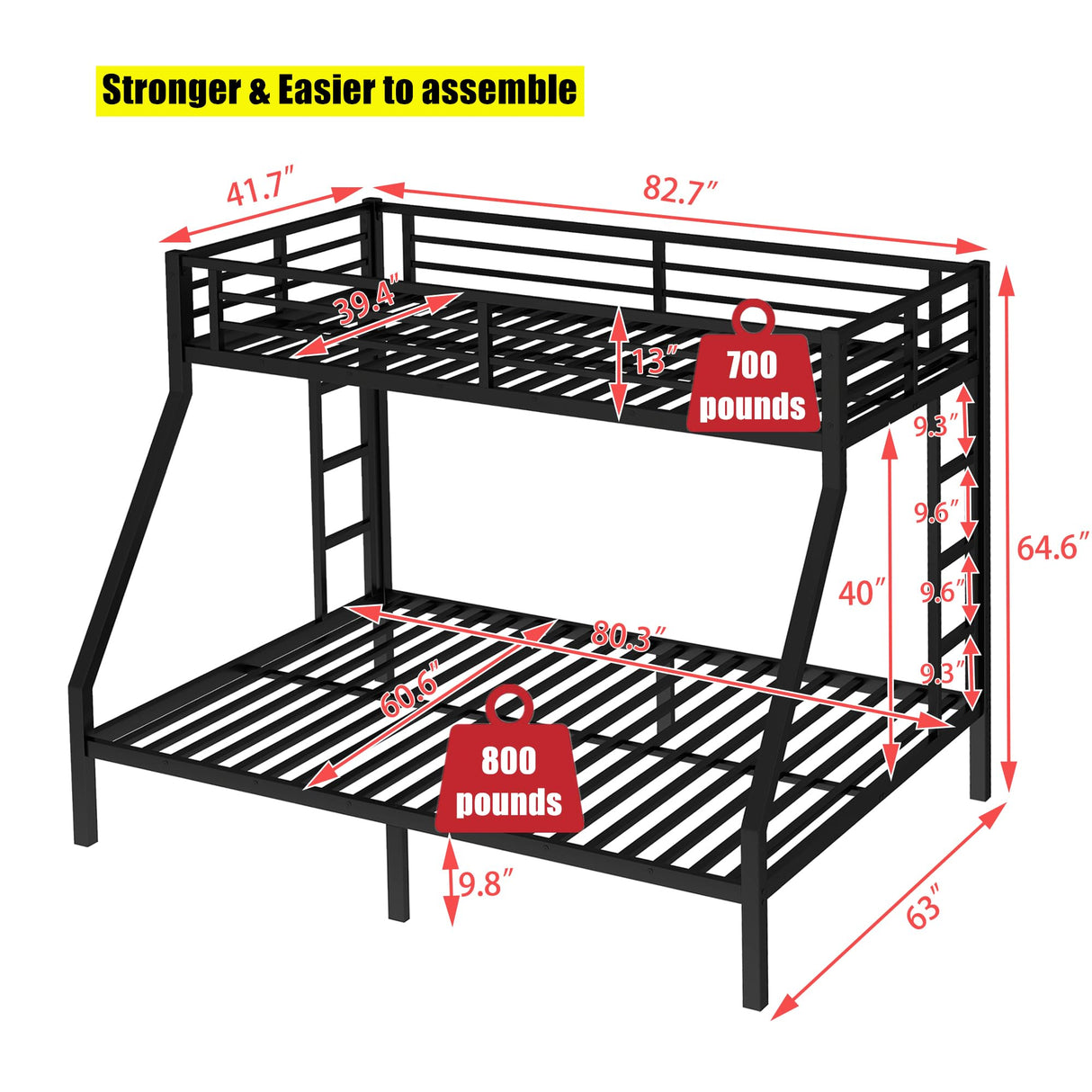 TIHWOALL Latest Upgrade & Stronger Steel Bunk Bed Twin XL Over Queen Size Bunkbed, Thickened Metal More Stable Heavy Duty More Rust-Proof Bunk Queen Bed Frame (Easier Assembly) (Twin XL Over Queen) TIHWOALL