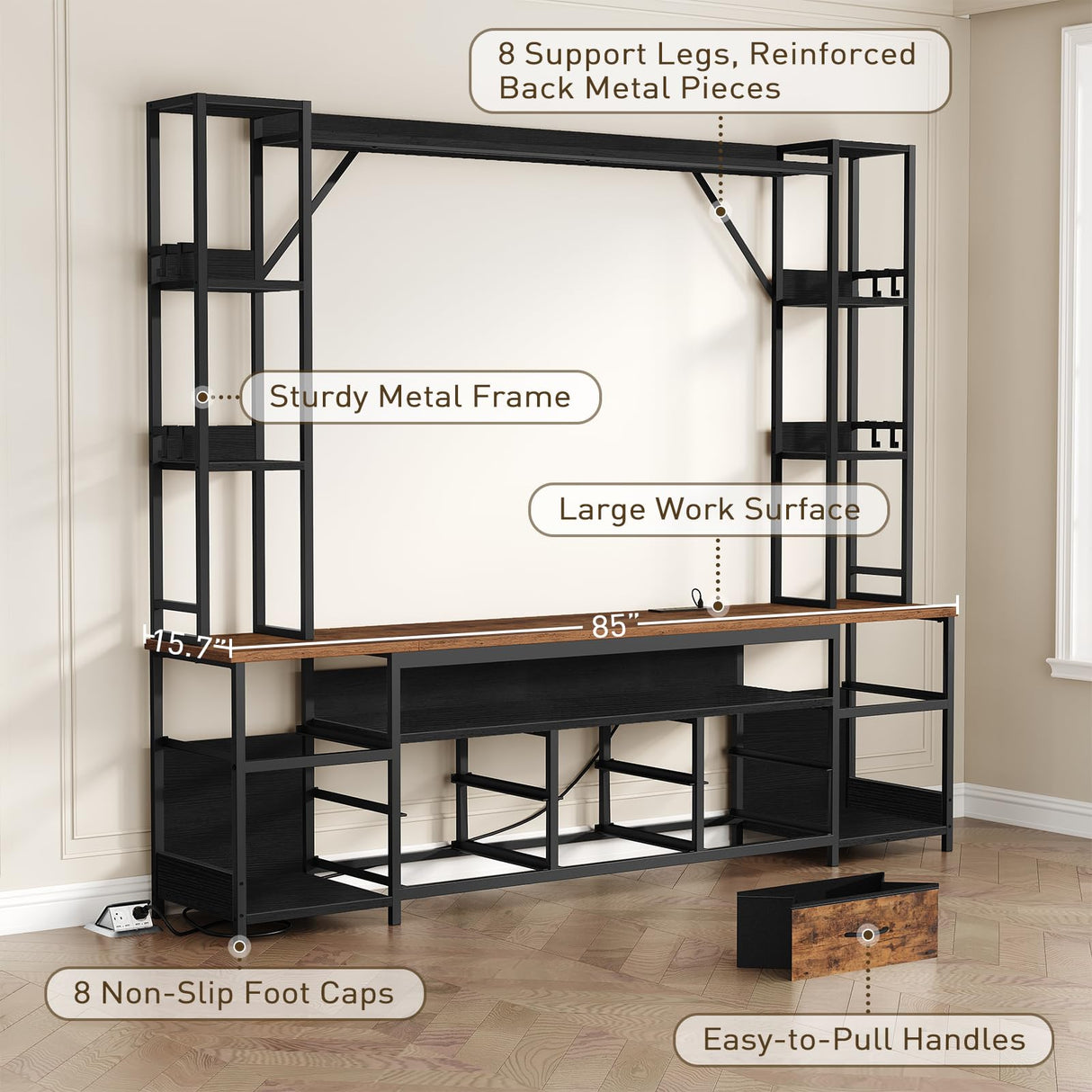 RALGEND TV Stand with Power Outlets to 65 Inches, LED Large Wall Unit Entertainment Center with Bookshelf, Dresser TV Stand with 8 PU Drawer, for Living Room, Bedroom, Rustic Brown and Black RALGEND