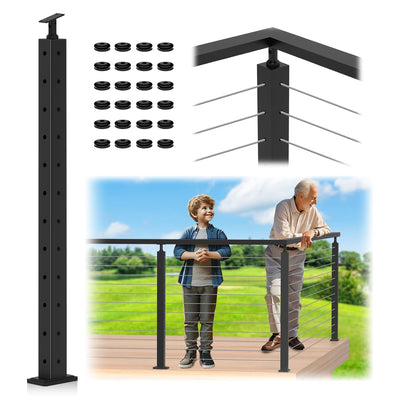 Gyykzz 42" Corner Post Cable Railing, 90° L-Drilled Black Corner Post with Cable Grommet, T304 Stainless Steel Cable Handrail Angle Post, Adjustable Top Metal Corner Post for Deck Railing System