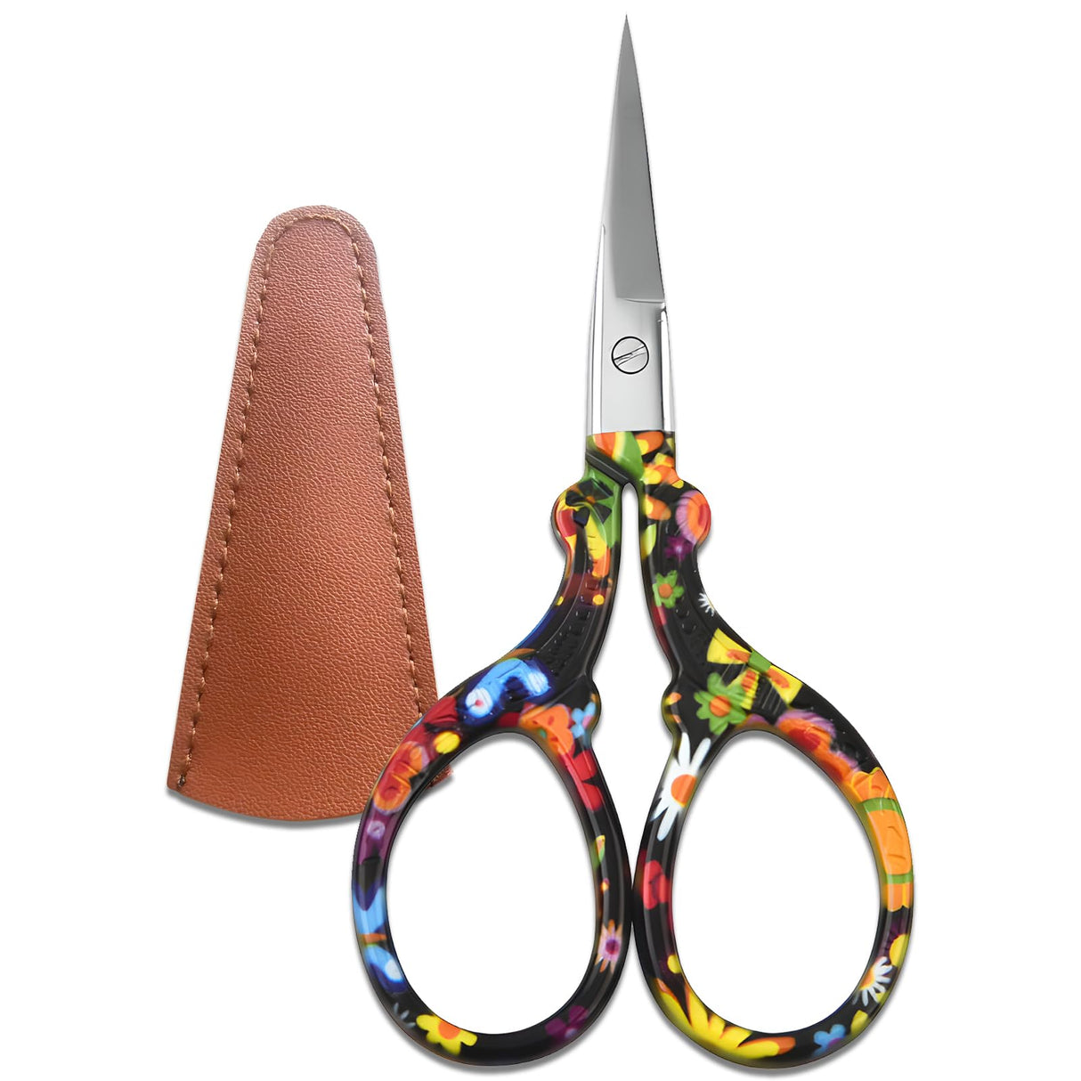 Jaasuee Sharp Embroidery and Crafting Scissors with Leather Cover, 3.62 inch Stainless Steel Stork Shaped Scissors for Needlework and DIY Crafts, Black Flower, J5064 Jaasuee