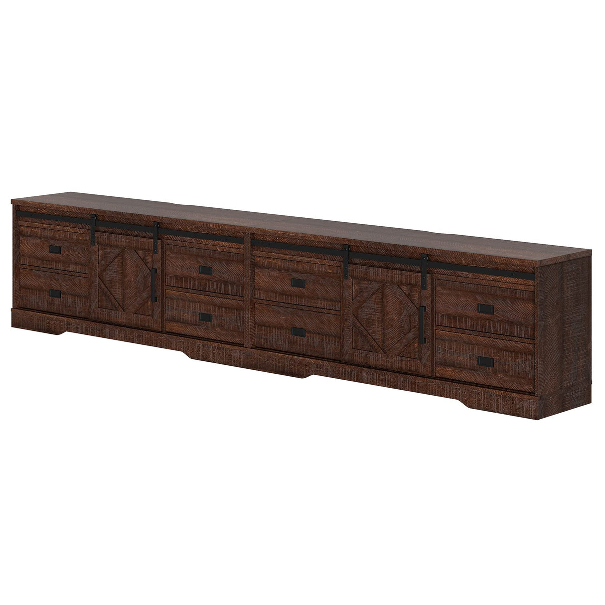 WAMPAT 118" Wide Modern Farmhouse 2 in 1 TV Stand for up to 130" TVs,Faux Bark Finish Wood Entertainment Center with 8 Drawers and Sliding Barn Doors for Living Room, Rustic Brown WAMPAT