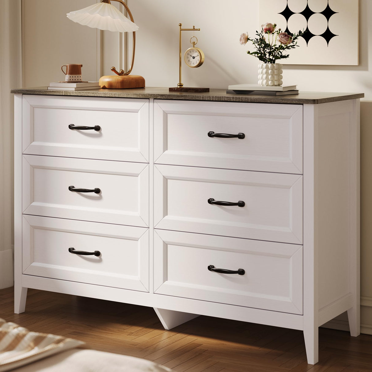 Gizoon 6 Drawer Dresser, 47.2" W Chest of Drawers, Modern Dresser for Bedroom, Wood TV Stand for Living Room, with Smooth Rail, Metal Handles, Anti-tip, for Hallway, Entryway, Grey Gizoon