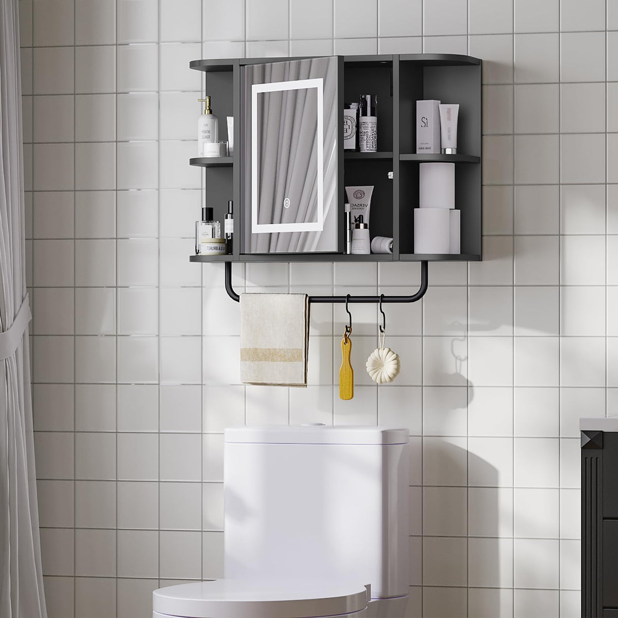 Bathroom Wall Cabinet with Mirror, Mirrored Medicine Cabinet with 3 Colors LED Light and 4 Open Shelves, Wall Mounted Over Toilet Storage Cabinets with Adjustable Shelf, 21.7"L x 6.7"W x 18.1"H, Black MAHANCRIS