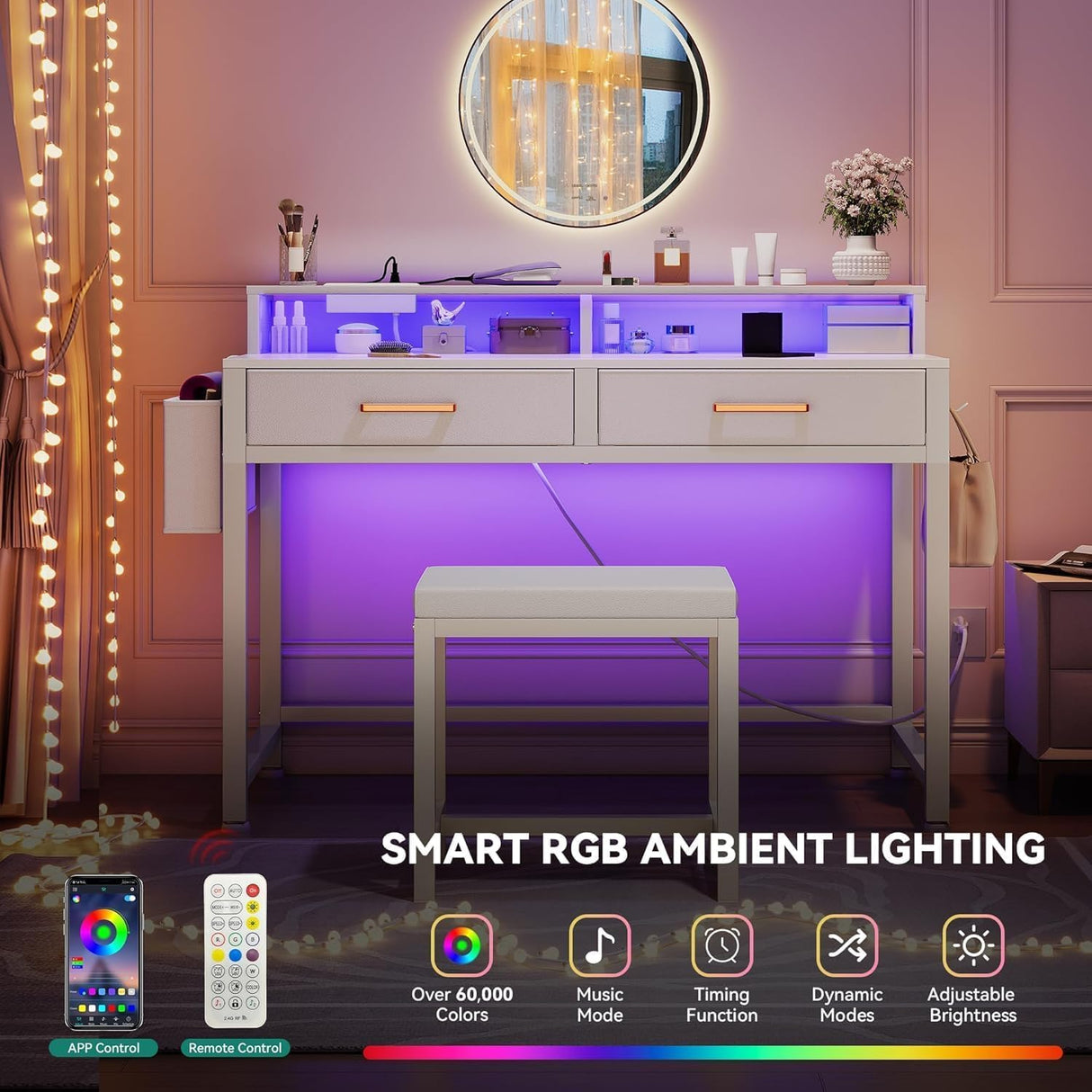 YITAHOME Modern Vanity Desk with Stool, Small Makeup Table with Drawers and RGB Lights, Power Outlet, Interchangeable Side Hook & Side Pocket, No Mirror Design (31.5 x 15.7 x 34.3 Inches, Pearl White) YITAHOME