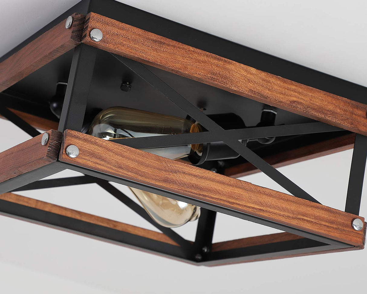 Rustic Farmhouse Flush Mount Light Fixture Two-Light Metal and Wood Square Flush Mount Ceiling Light for Hallway Bedroom Kitchen Entryway, Black Fivess Lighting